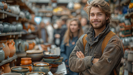 Fototapeta premium A friendly class scene with elegant men and women in craftsman attire, engaging in conversation, set against a backdrop of others.