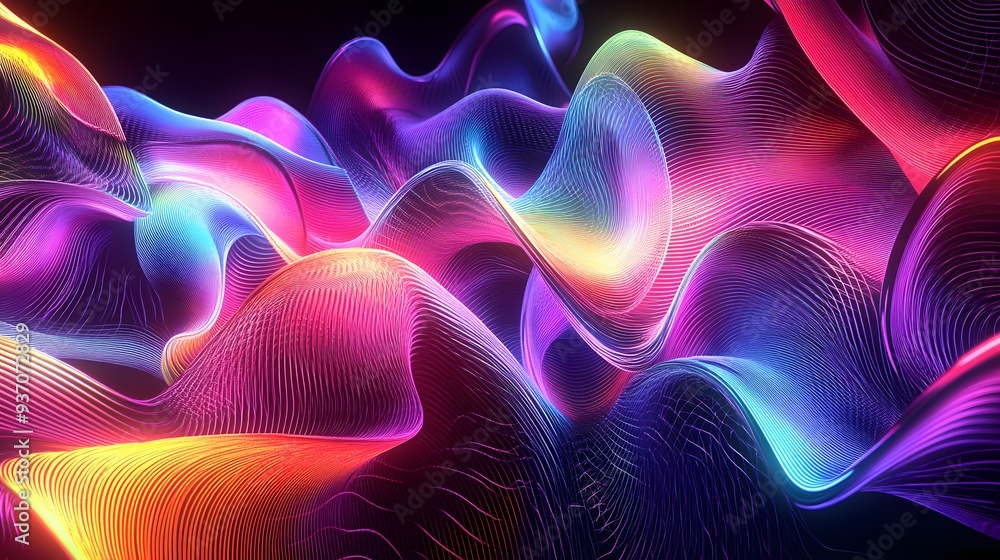 Poster 119. 3d swirling ribbons in a spectrum of neon colors forming an intricate wave-like pattern