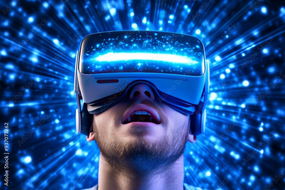 Poster close up of a man with a futuristic vr headset immersed in a digital world filled with blue light ex