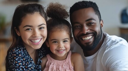 Happy Interracial Family Portrait with Smiling Parents and Daughter