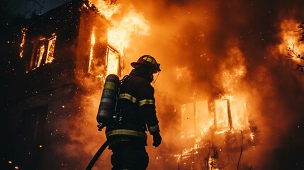 Fototapeta premium firefighter in full gear battling intense flames from a burning building at night, copy space