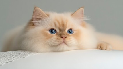 Closeup of a fluffy white cat with blue eyes lying on a white surface