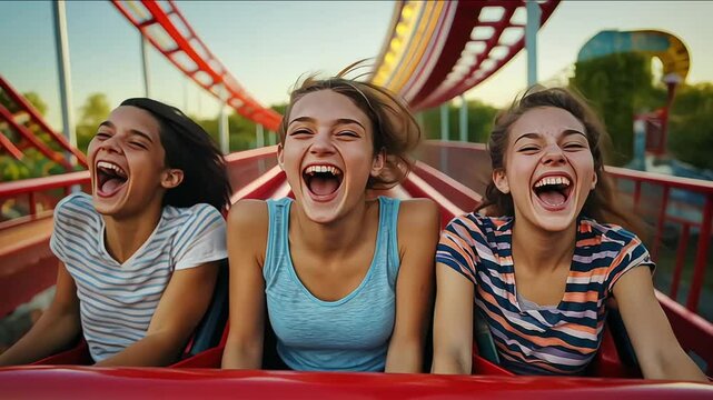 friends enjoying the thrill of a rollercoaster ride at an amusement park