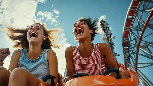friends enjoying the thrill of a rollercoaster ride at an amusement park