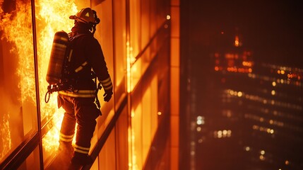 Fototapeta premium firefighter in full gear spraying water on a burning building at night, copy space