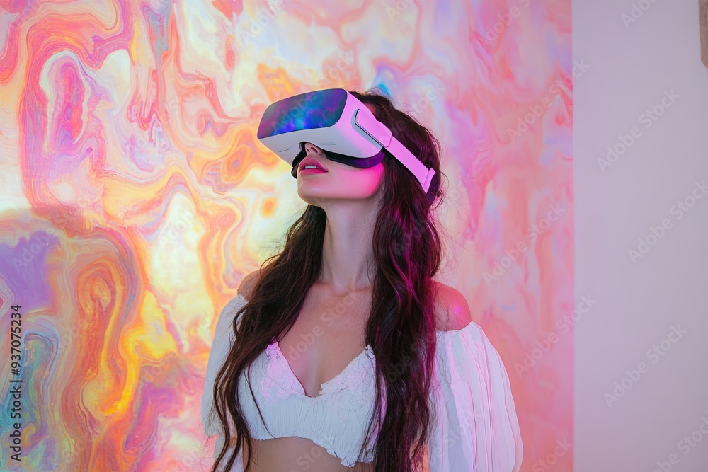 Poster profile of a woman in a pink vr headset standing in front of a colorful abstract background explorin