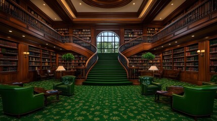 A grand library with towering bookshelves and a spiral staircase