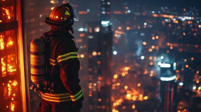  firefighter in full gear battling intense flames from a burning building at night, copy space
