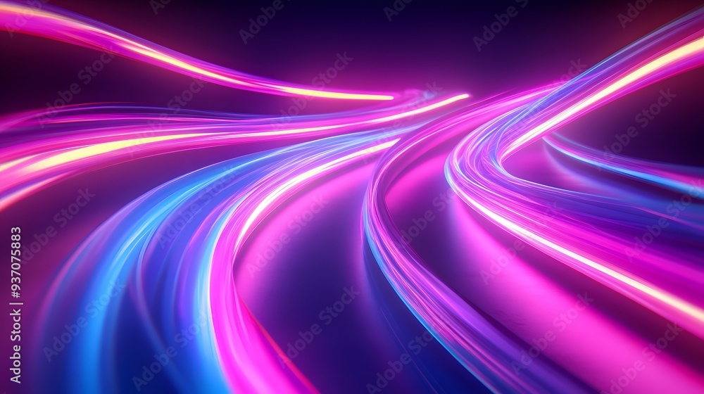 Poster 110. radiant curves of light in neon colors forming a continuous, flowing pattern in a clear space