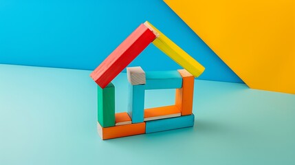 Minimalist style with colourful house construction form by wooden stick for kid learning isolated on colorful background