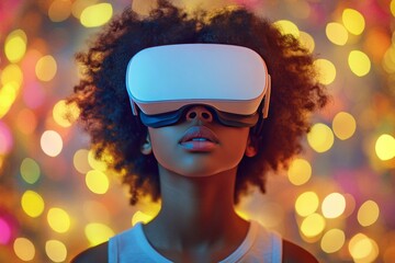 Afro haired woman in a VR headset surrounded by golden bokeh lights exploring the intersection of digital technology and creativity in a vibrant immersive experience