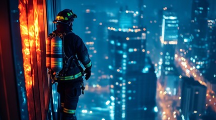 firefighter in full gear spraying water on a burning building at night, copy space