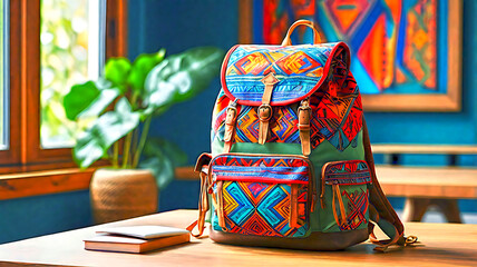 Colourful School backpac full of supplies resting on a nature background in a sunny outdoor