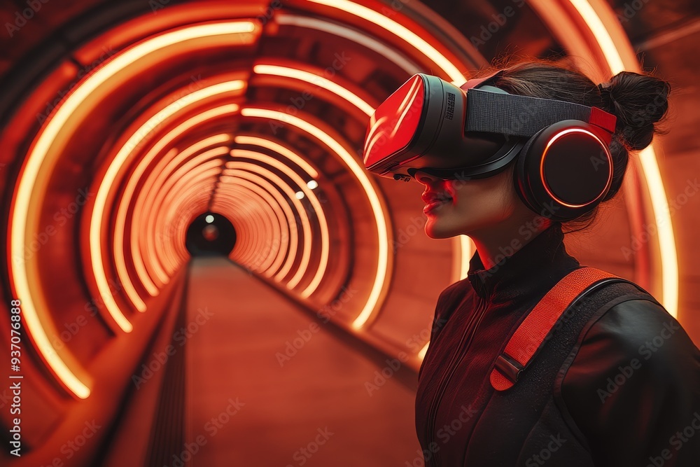 Poster woman in a vr headset standing in front of a spiraling glowing tunnel exploring the endless possibil