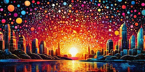 Fototapeta premium A colorful cityscape with a large sun in the sky