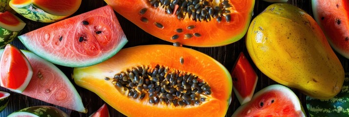 Colorful Tropical Fruit Platter Featuring Yellow Watermelon, Guava, and Papaya with Seeds