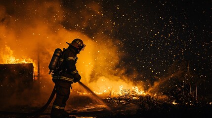  firefighter in full gear battling intense flames from a burning building at night, copy space