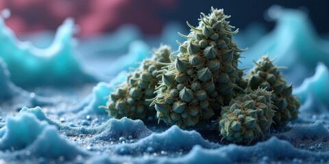 Close-up of cannabis buds against a textured, colorful backdrop, highlighting the intricate details of the plant for use in marketing, wellness, and cannabis-related content.