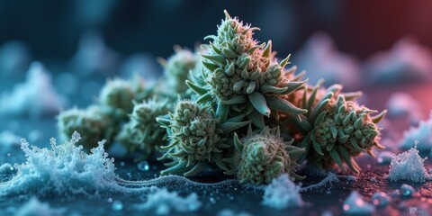Obraz premium A close-up of cannabis buds glistening with frost, showcasing intricate details and vibrant colors, ideal for use in cannabis industry marketing and product promotion.