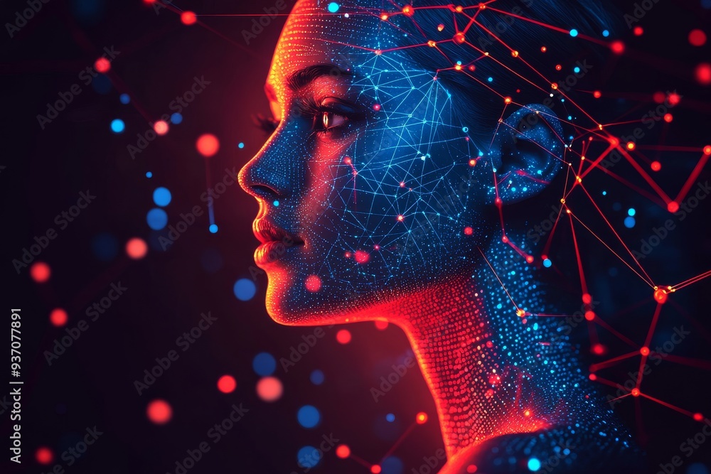 Wall mural futuristic digital woman with glowing network of connections in vibrant neon colors showcasing artif