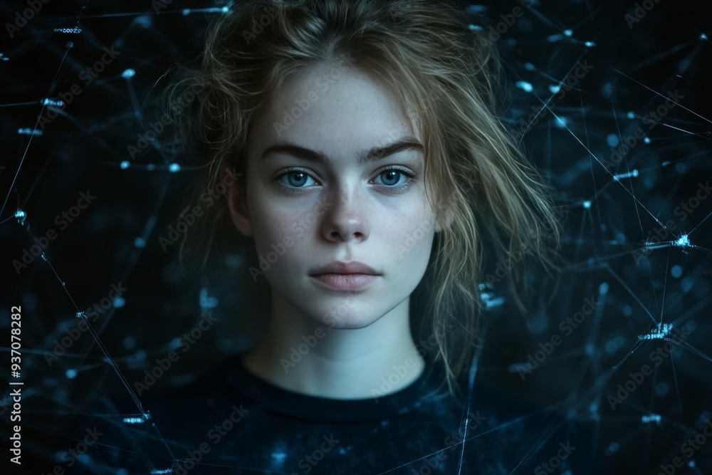 Poster young woman with a thoughtful expression enveloped in digital networks and bright blue light represe
