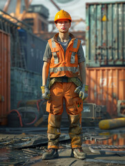 body facing forward, Full length Shot, Front view, solo, youth, man, hard hat, reflective work vest, cargo pants, safety shoes, european and american, Real scene, photo scene,