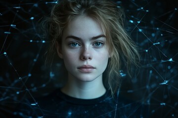 Young woman with a thoughtful expression enveloped in digital networks and bright blue light representing deep connection and cognitive engagement with technology and the digital age