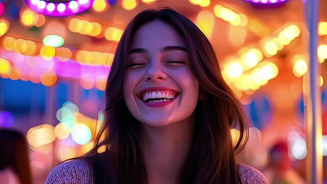 Outdoor portrait of joyful young pretty brunette female in casual clothes posing over amusement park with closed eyes and broad smile, holding cup of drink in hands