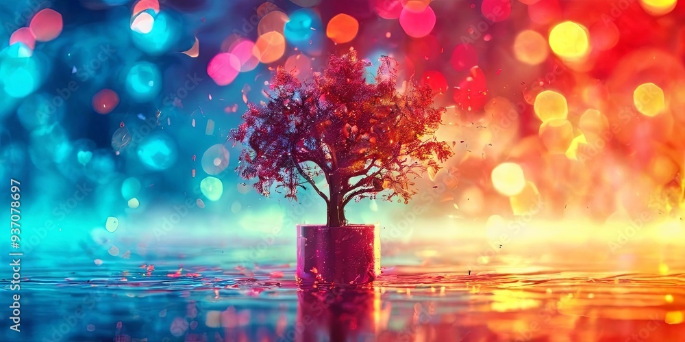 Poster A tree is floating in a pond with a colorful background
