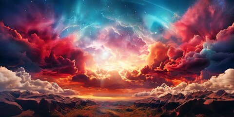 Fototapeta premium A colorful sky with clouds and a sun in the background