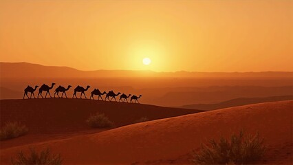 A stunning silhouette of camels trekking across golden sand dunes at sunset, capturing the essence of adventure and the beauty of desert landscapes.