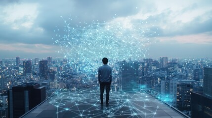 Man Standing on Rooftop with Cityscape and Digital Network