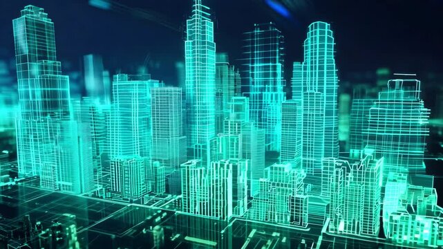 Futuristic city skyline in a glowing holographic design, showcasing modern architecture and technology.
