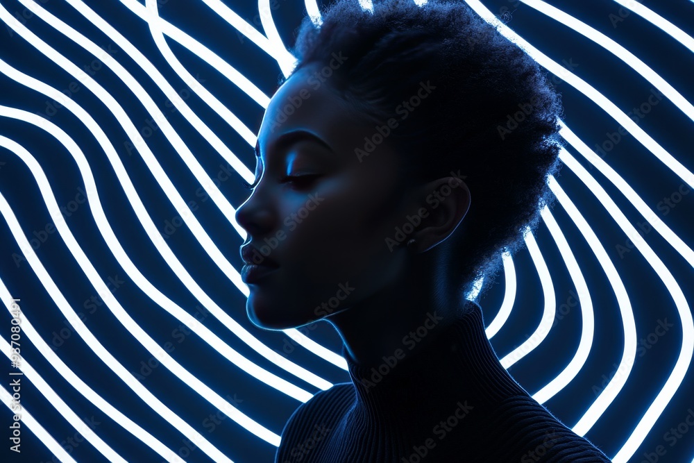 Poster profile of a woman with geometric patterns in a neon lit environment representing the artistic fusio