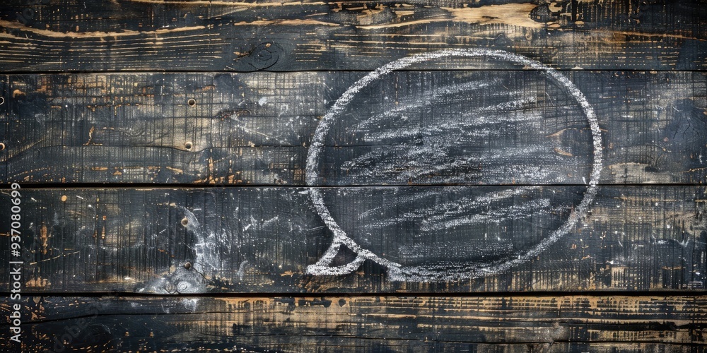 Poster chalk-drawn empty speech bubble on a weathered wooden backdrop for personalized text.