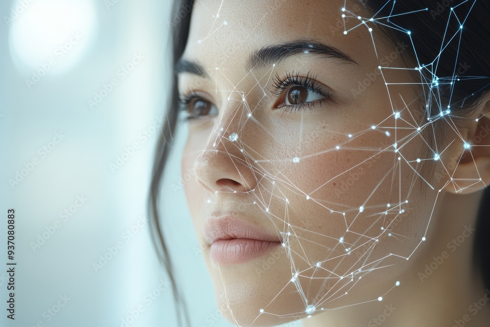 Canvas Prints Profile of a woman with digital connections mapping across her face representing the seamless integration of human identity with advanced technology in a modern conceptual visual