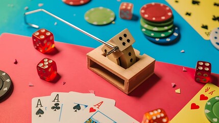 Mouse trap and gambling accessories isolated on colorful background