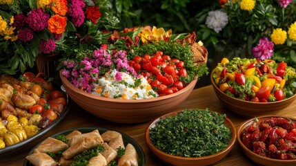 Delicious Food Spread with Colorful Flowers and Fresh Greens