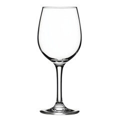A clear glass wine glass isolated on a black background. The glass is empty.