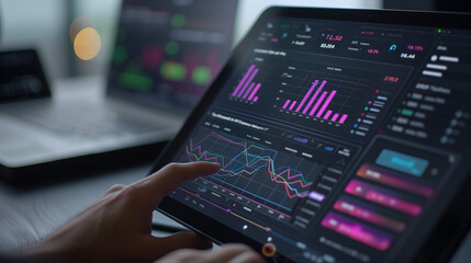 Fototapeta premium Close-up of Hands Using Tablet with Data Analytics Dashboard