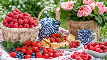 Summer Picnic with Raspberries, Tea and Flowers