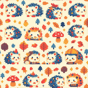 レトロゲーム風のドット絵秋の動物パターン