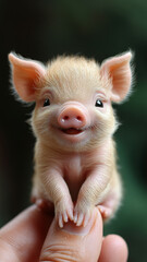 Fototapeta premium The world s smallest laughing baby Piggy, perched on someone finger, is undoubtedly cute and charming.