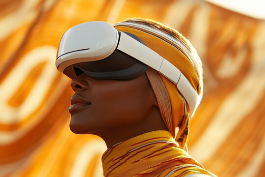 Woman in a bright headscarf wearing a VR headset standing against a vibrant orange backdrop symbolizing the intersection of tradition and modern technology in a colorful dynamic scene