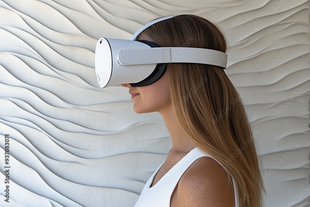 Aufkleber profile of a woman in a sleek vr headset against a textured wavy backdrop representing the intersect