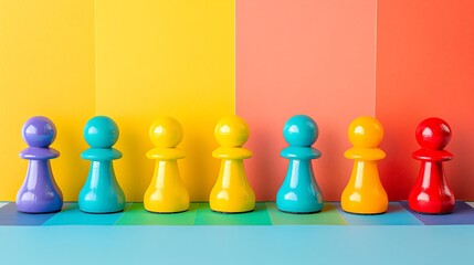 Multi colored pawns on table isolated on colorful background