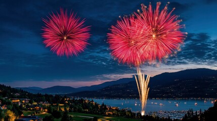Festive Fireworks Display Over a Mountain Lake