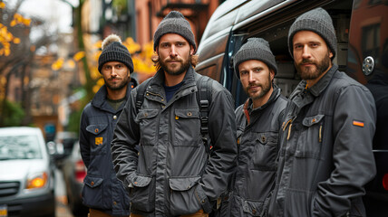 Fototapeta premium spontaneous authentic photo of a team of electricians with their van