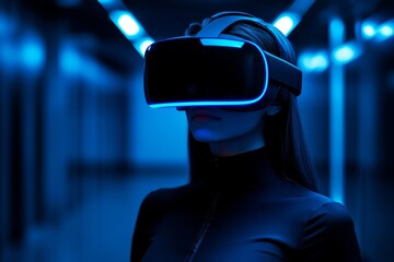 Futuristic woman wearing a VR headset in a dark neon lit environment surrounded by glowing red data streams symbolizing the cutting edge fusion of technology and human experience