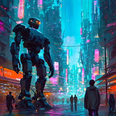 Robot being integrated in a futuristic city